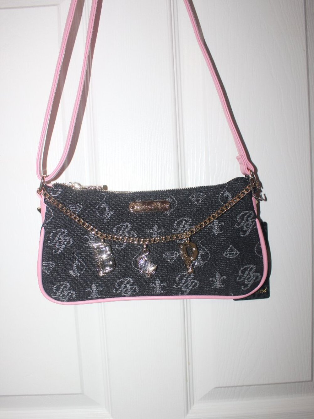 Title: Baby Phat Black Denim Monogram Pink Trim Shoulder Bag with Tags